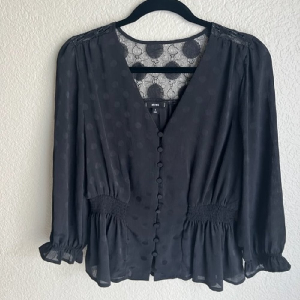 Mine Black Swiss Dot Lace Peplum Blouse Size Small